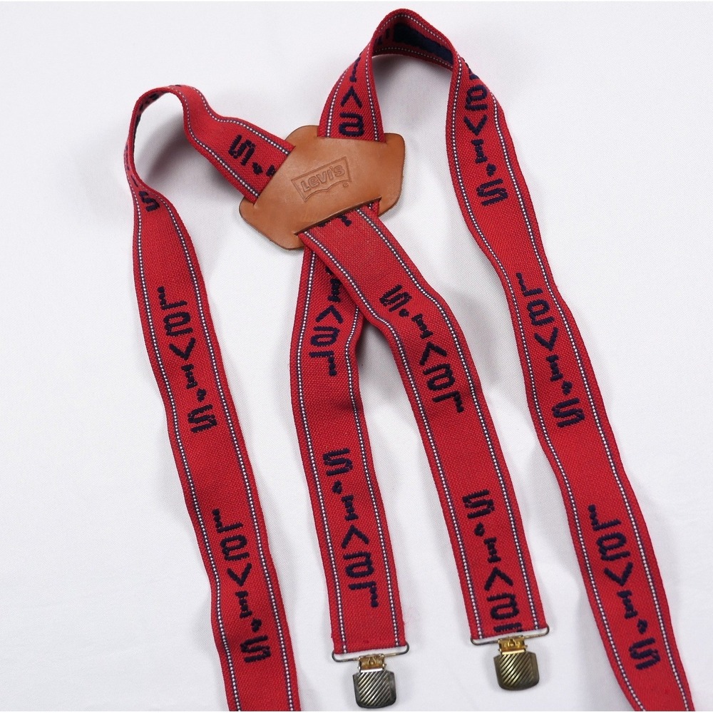 Vintage Levis Red Spellout Logo Elastic X-Back Suspenders Braces 1980s 90s